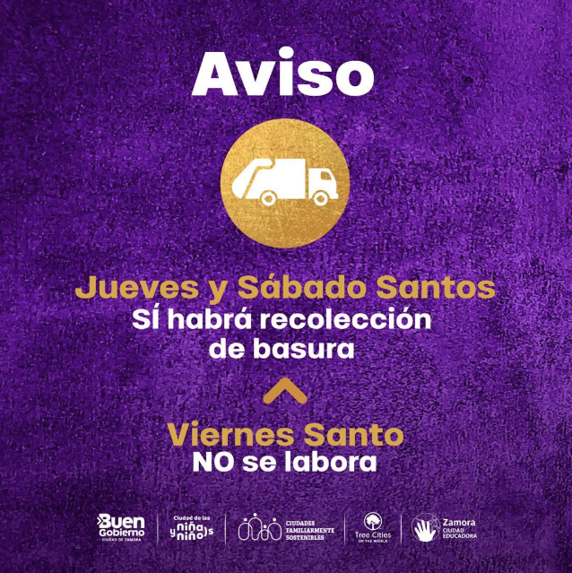 Suspenderán recolección de basura en Zamora este Viernes Santo